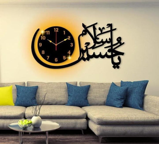 New Hussain Islamic Wooden Wall Clock With Light A18